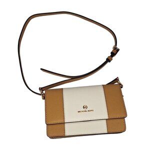 Michael Kors Brown & White Leather Crossbody Wallet With Adjustable Strap